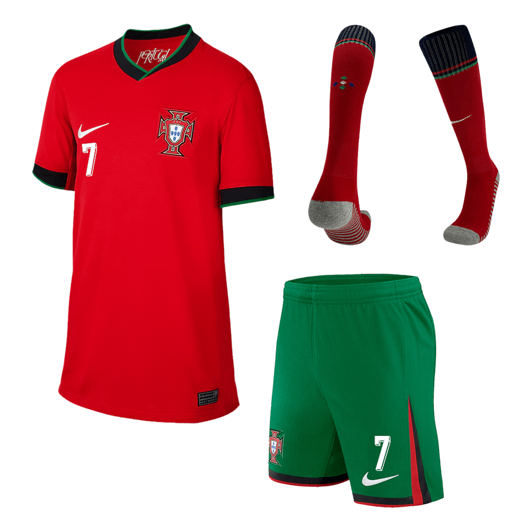 Conjunto de fútbol infantil de la selección de Portugal, camiseta de Ronaldo #7 (camiseta + pantalón corto + medias), Eurocopa 2024