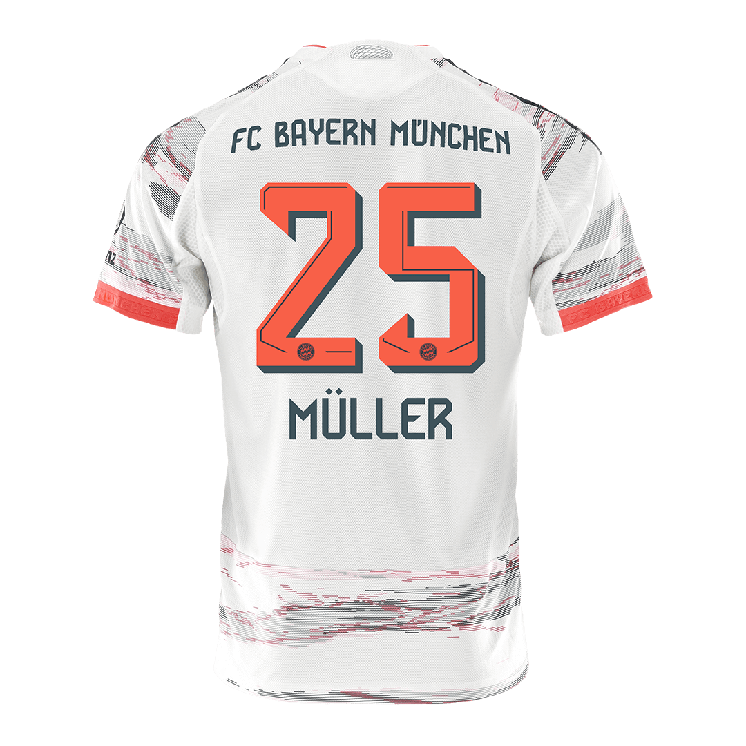 Camiseta de fútbol de visitante del Bayern Munich 2025/26, versión jugador, número 25, de Müller, blanca