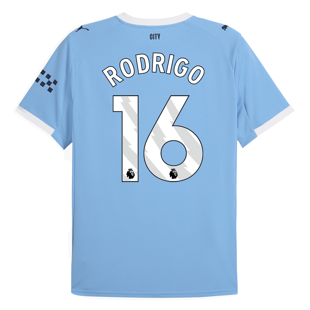 Camiseta de fútbol del Manchester City nº 16, local, temporada 2025/26, azul, de Rodrigo.