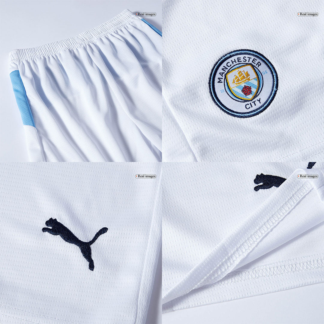 Conjunto de camiseta y pantalón corto de fútbol para niño del Manchester City, temporada 2025/26, color azul.