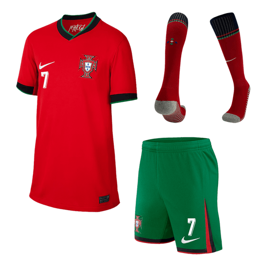 RONALDO #7 Portugal Kid's Home Football Jersey Kit (Jersey+Shorts+Socks) Euro 2024
