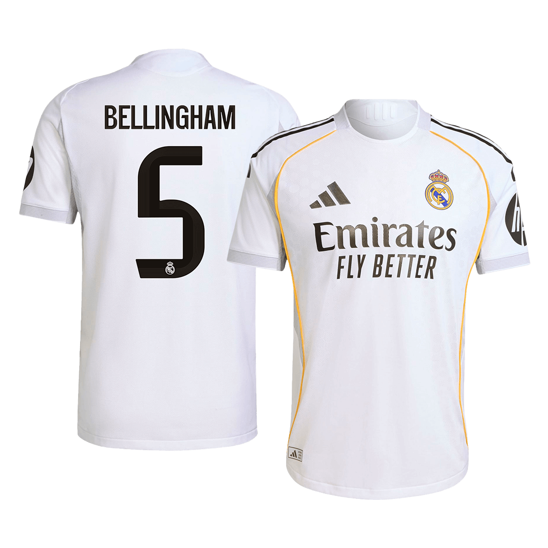 Camiseta de fútbol del Real Madrid, versión jugador local, número 5, temporada 2025/26, blanca, de Bellingham.