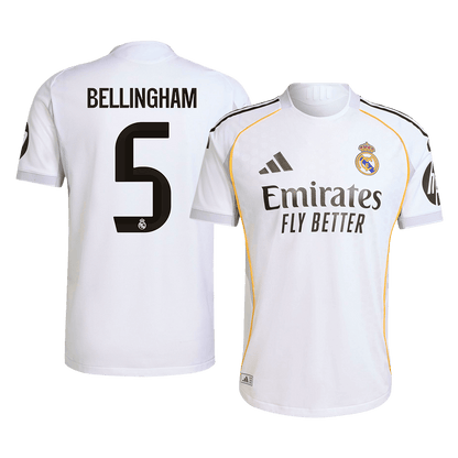 Camiseta de fútbol del Real Madrid, versión jugador local, número 5, temporada 2025/26, blanca, de Bellingham.