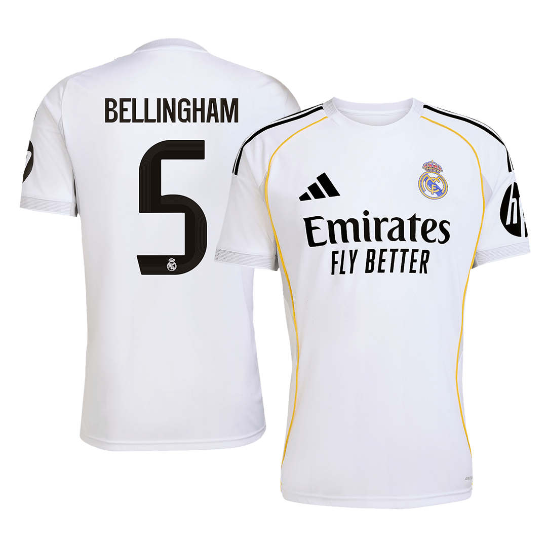 Camiseta de fútbol del Real Madrid, local, número 5, temporada 2025/26, blanca, de Bellingham.