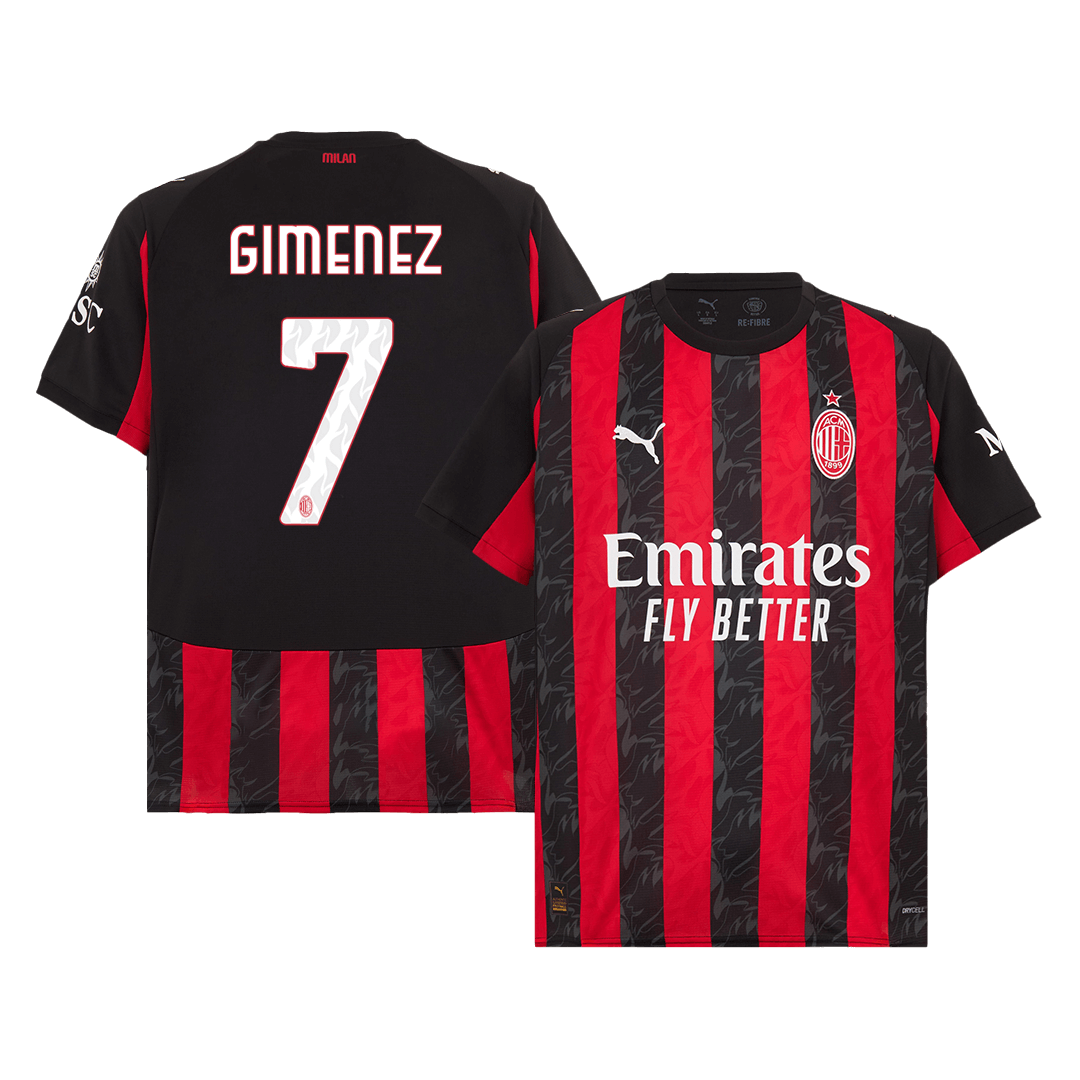 Camiseta de fútbol del AC Milan número 7, local, temporada 2025/26, roja y negra, de Giménez.