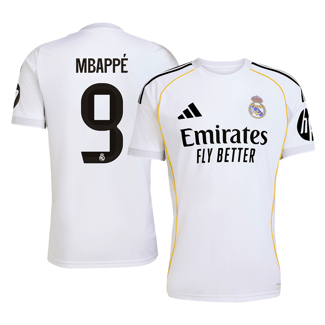 Camiseta de fútbol del Real Madrid, local, temporada 2025/26, con el dorsal #9 de MBAPPÉ, blanca.