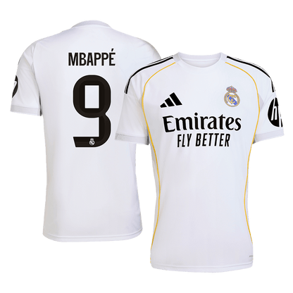 Camiseta de fútbol del Real Madrid, local, temporada 2025/26, con el dorsal #9 de MBAPPÉ, blanca.