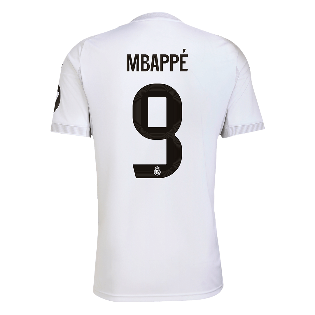 Camiseta de fútbol del Real Madrid, local, temporada 2025/26, con el dorsal #9 de MBAPPÉ, blanca.