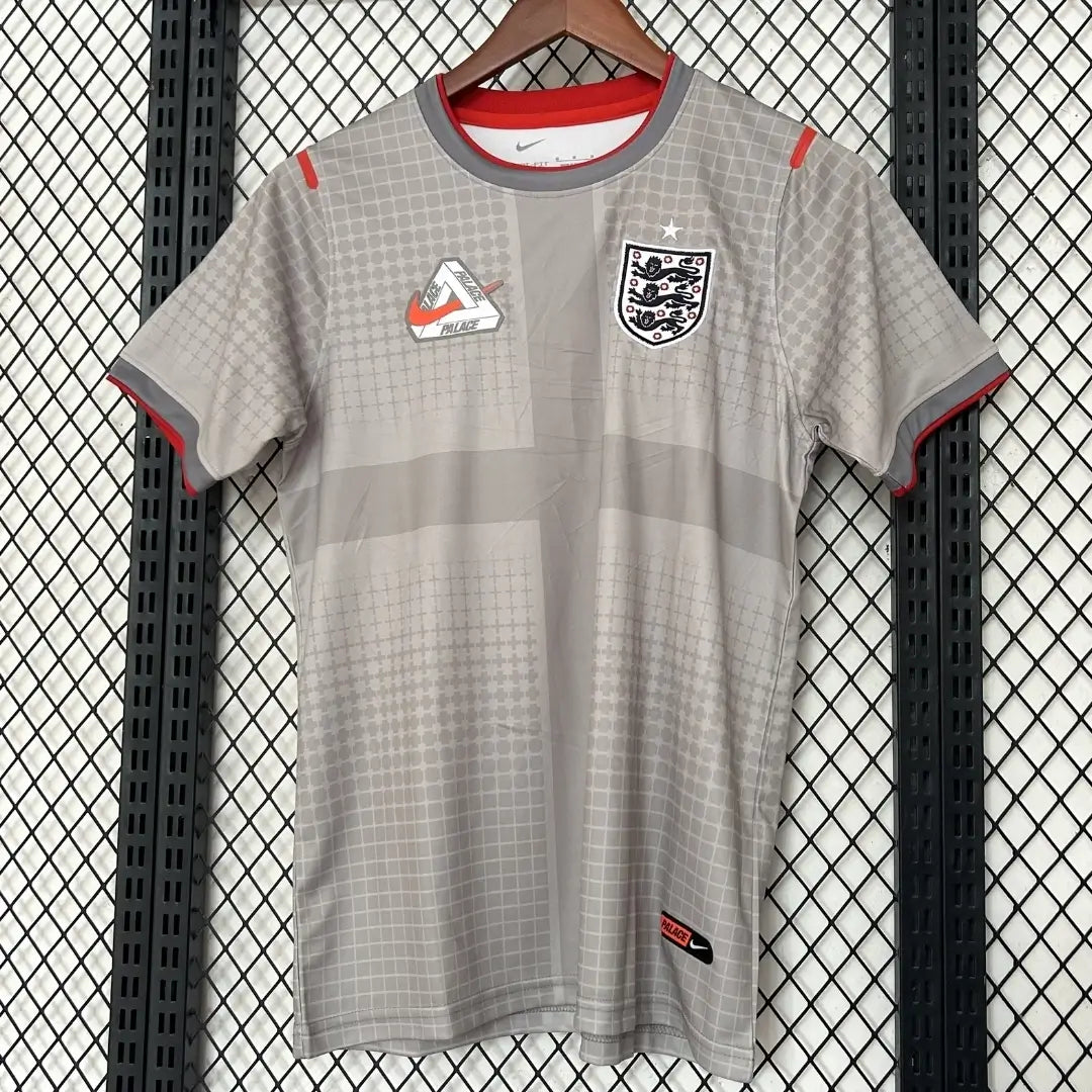 Three Lions x Palace 2026 Soccer Jersey Pewter Grey Bright Crimson with logo