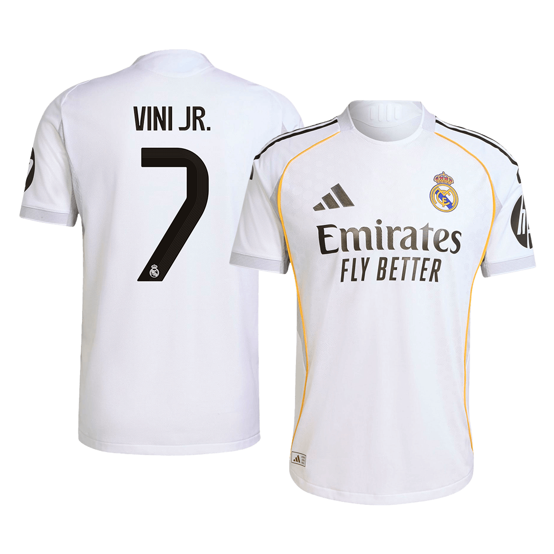 Camiseta de fútbol VINI JR. #7 Real Madrid, versión jugador local, temporada 2025/26, blanca
