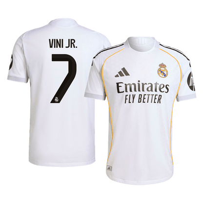 Camiseta de fútbol VINI JR. #7 Real Madrid, versión jugador local, temporada 2025/26, blanca