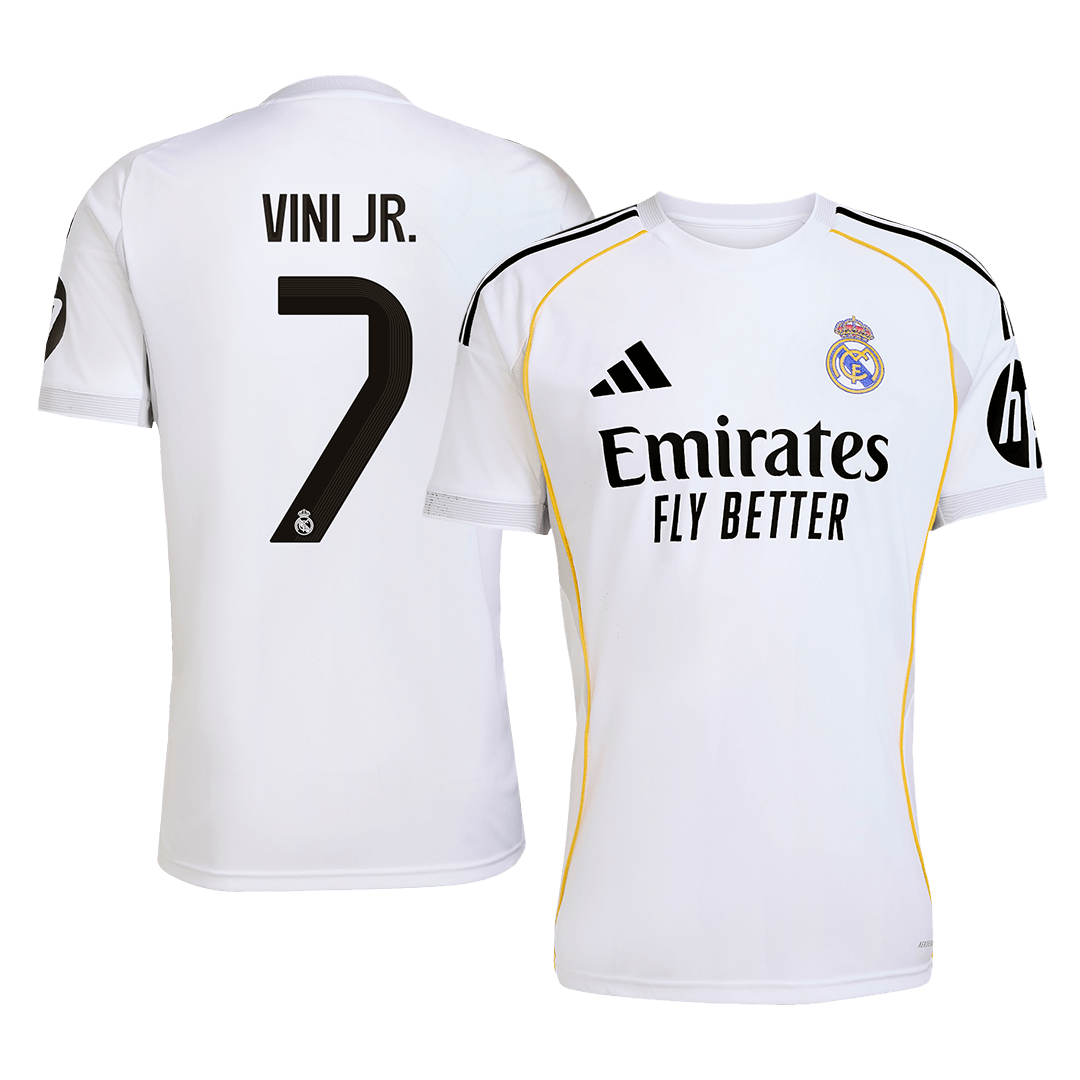 Camiseta de fútbol de VINI JR. #7 del Real Madrid, local, temporada 2025/26, blanca