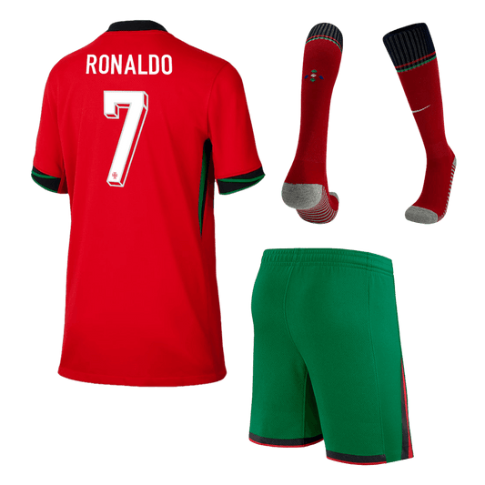 RONALDO #7 Portugal Kid's Home Football Jersey Kit (Jersey+Shorts+Socks) Euro 2024