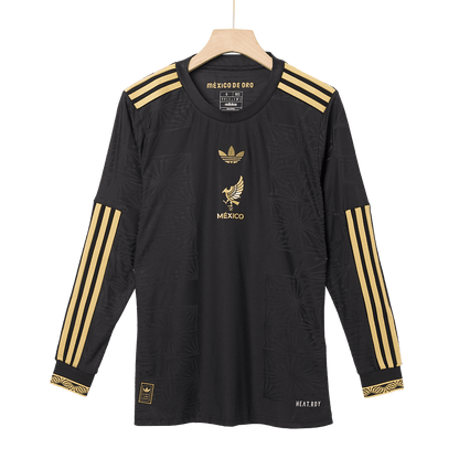 Mexico Third Away Player Version Long Sleeve Soccer Jersey Kit (Jersey+Shorts) 2025 Black - Gold Cup