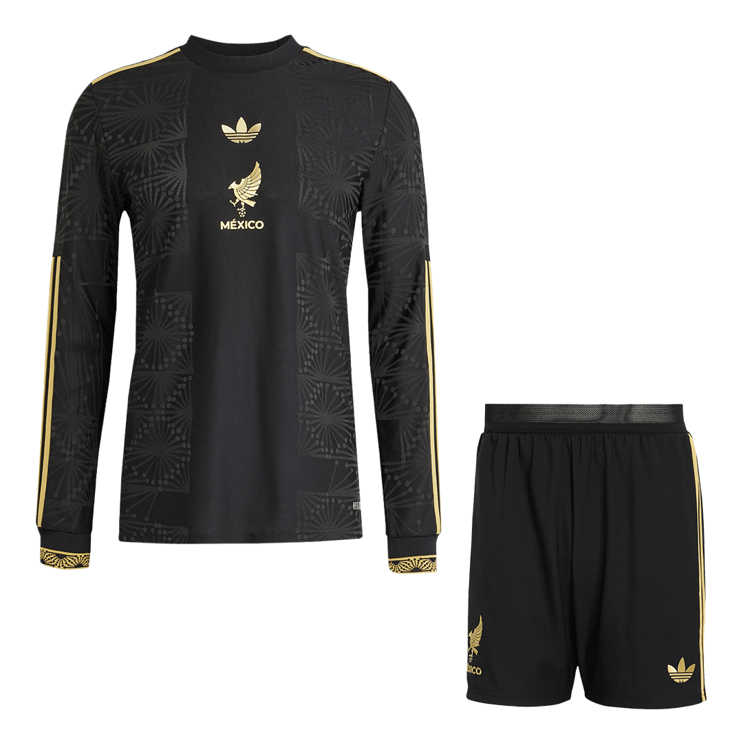 Mexico Third Away Player Version Long Sleeve Soccer Jersey Kit (Jersey+Shorts) 2025 Black - Gold Cup