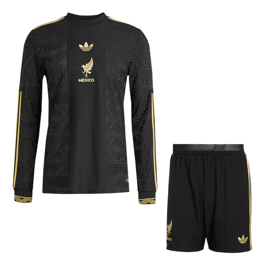 Mexico Third Away Player Version Long Sleeve Soccer Jersey Kit (Jersey+Shorts) 2025 Black - Gold Cup