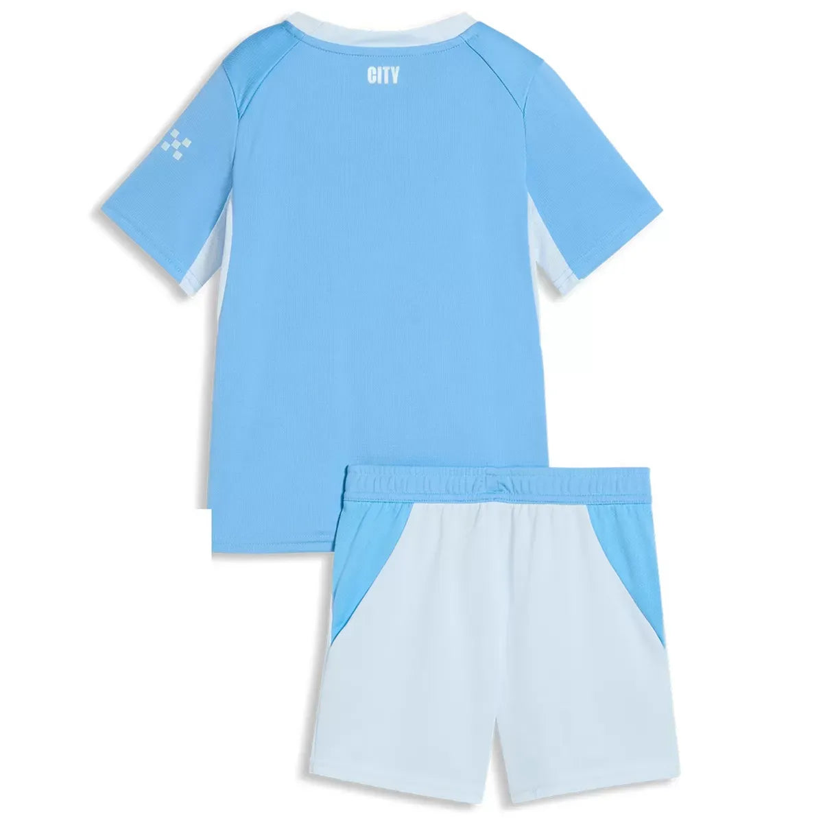 Conjunto de camiseta y pantalón corto de fútbol para niño del Manchester City, temporada 2025/26, color azul.